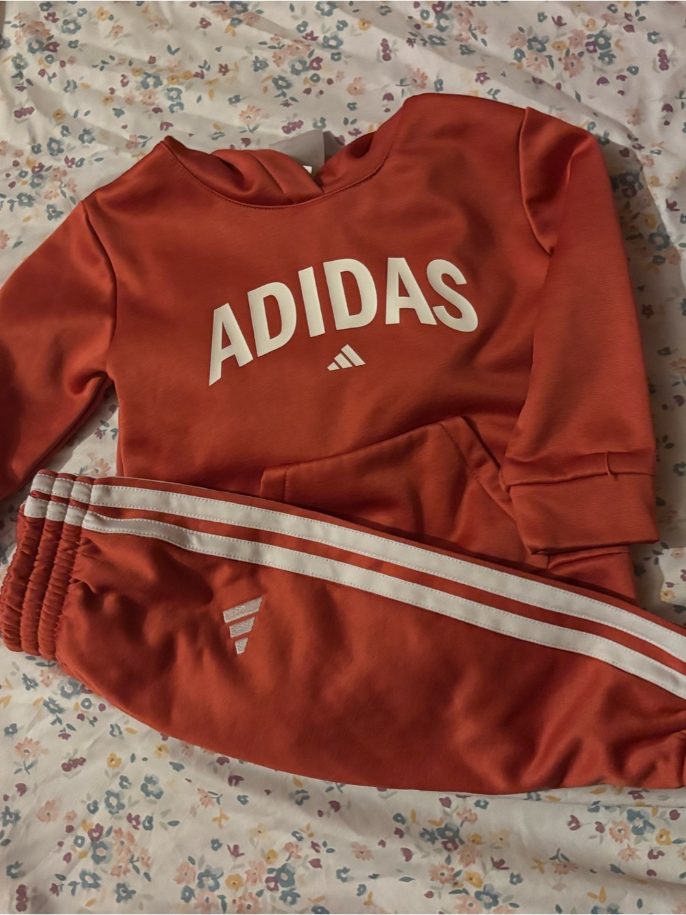 adidas Kids Rust Orange Jogger Set with White Stripes
